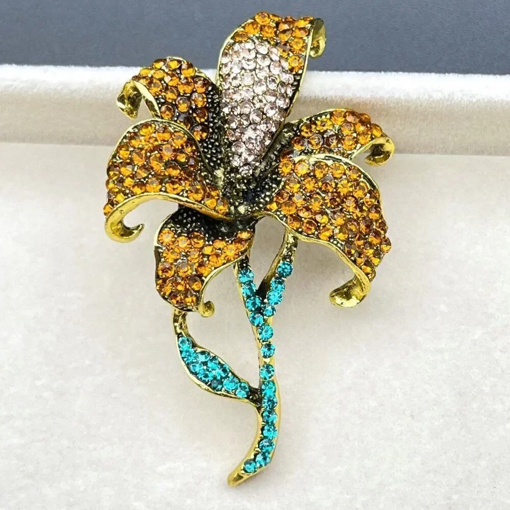 Yellow Gold with Burnt Orange and Champagne Crystal Lily Flower Pin Back Brooch